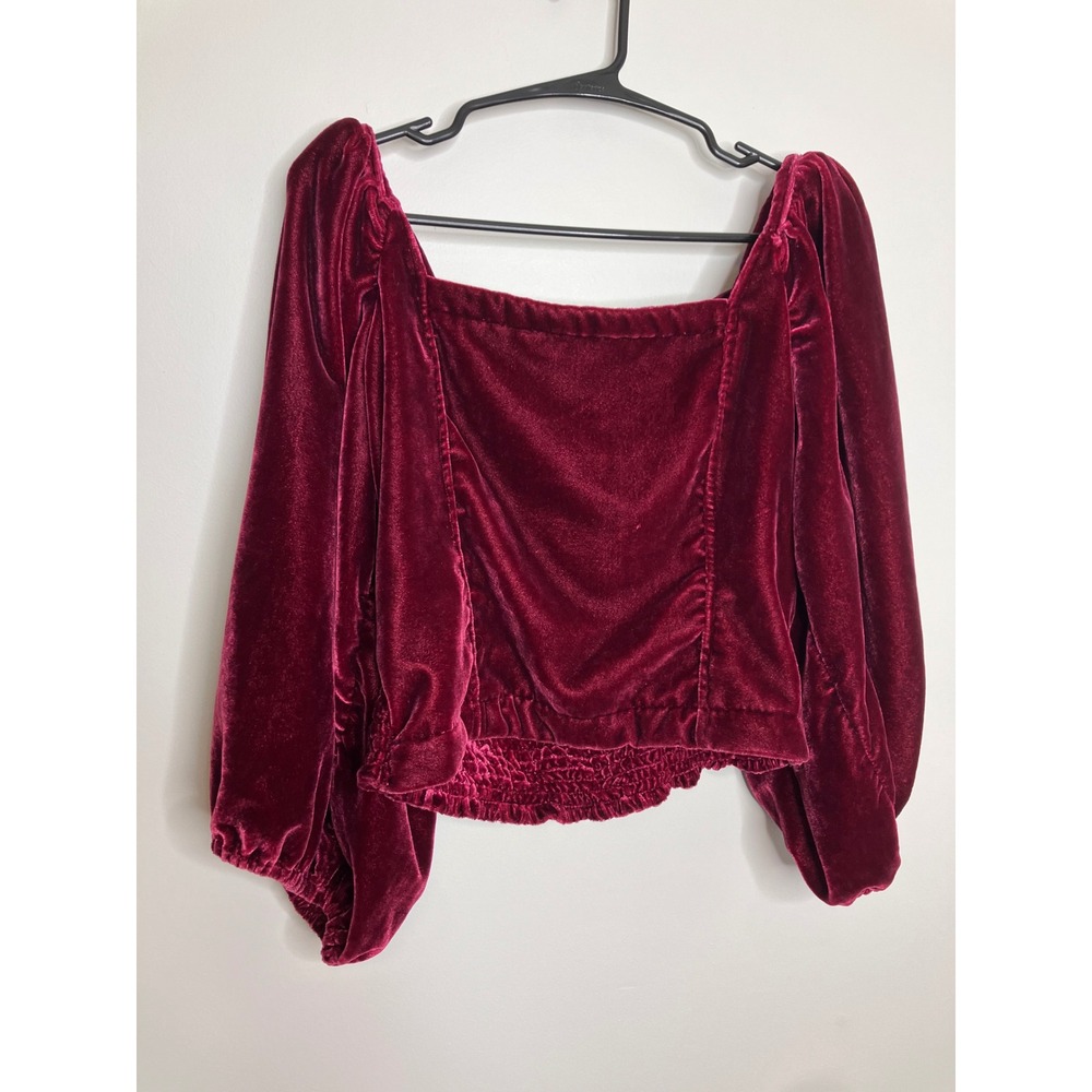 Free People Velvet Crop Top Womens L Burgundy Excellent Puff Sleeve Tie Back - Picture 3 of 9